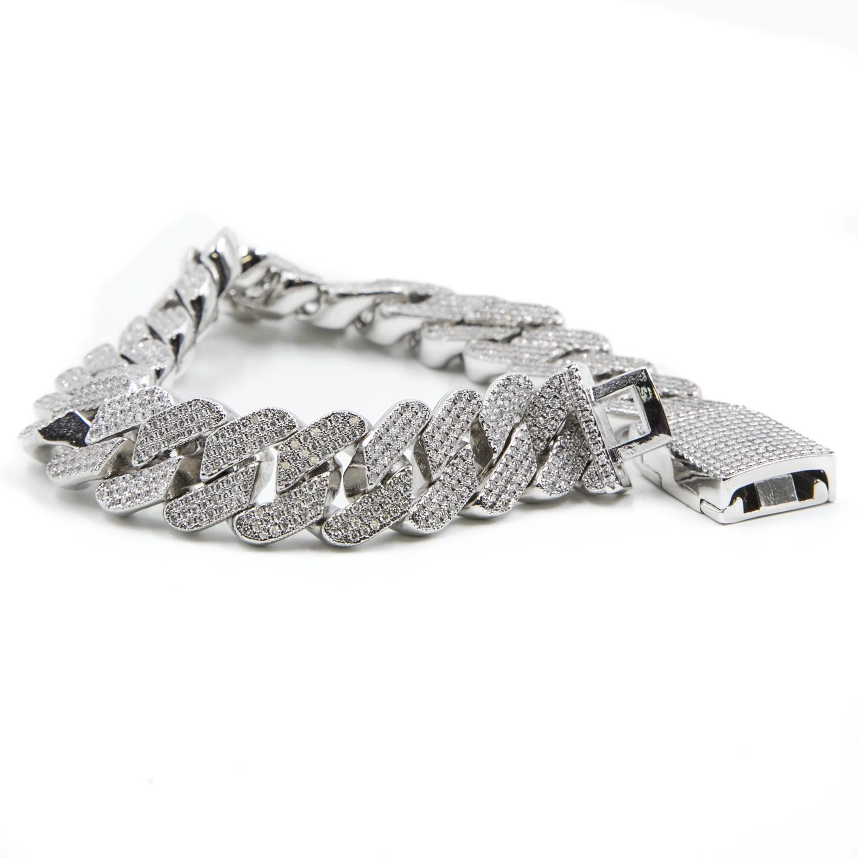Studded Prong Set Cuban Link Bracelet - Silver - Image 4