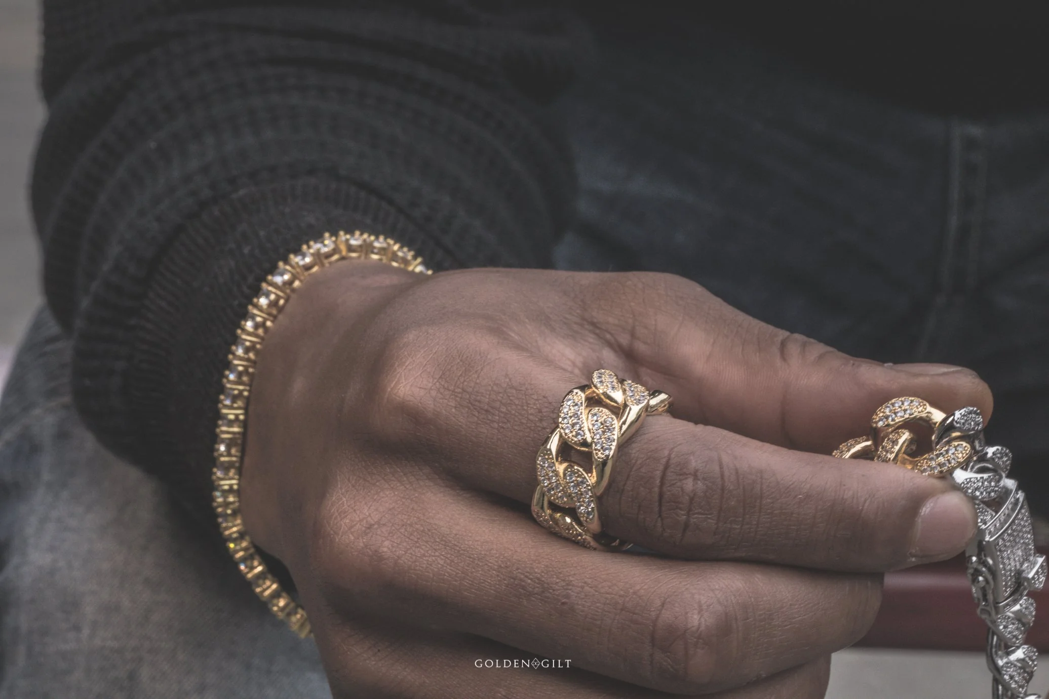 Studded Cuban Link Ring - 18K Gold Plated - Image 3
